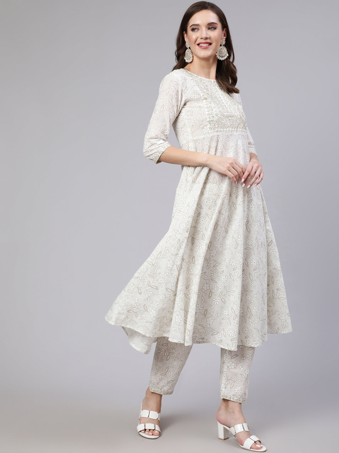 White Embroidered Flared Kurta With Trouser And Dupatta