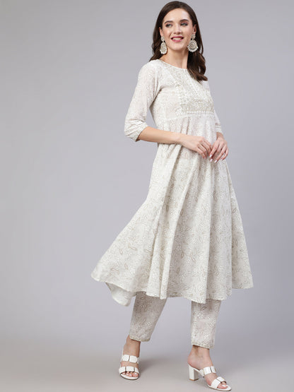 White Embroidered Flared Kurta With Trouser And Dupatta