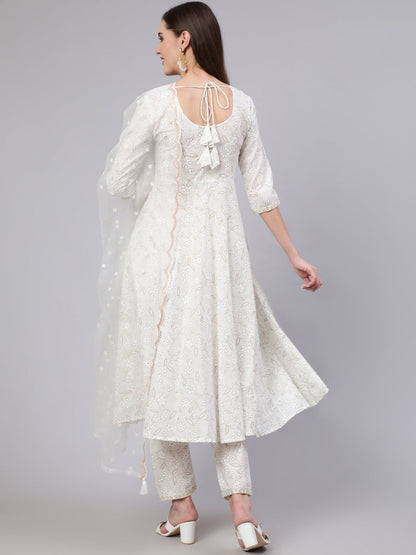 White Embroidered Flared Kurta With Trouser And Dupatta