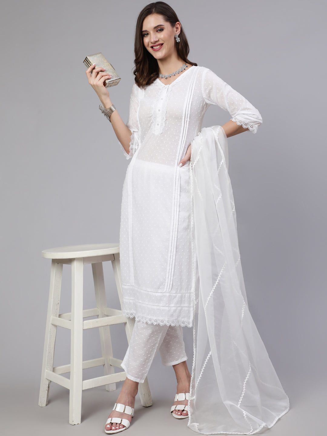 White Lace Details Straight Kurta With Trouser And Net Dupatta