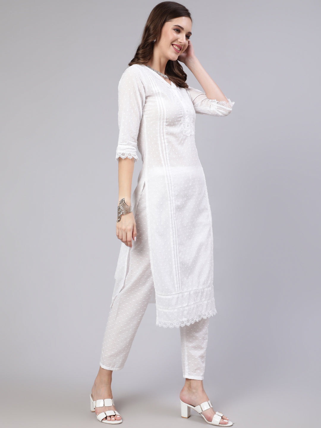 White Lace Details Straight Kurta With Trouser And Net Dupatta