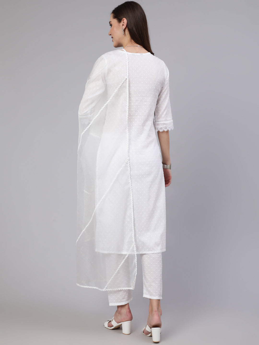 White Lace Details Straight Kurta With Trouser And Net Dupatta