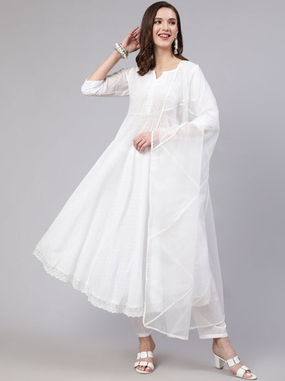 White Lace Details Flared Kurta With Trouser And Dupatta