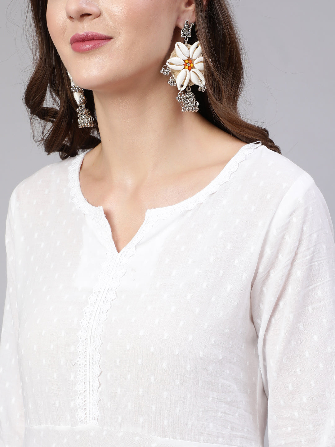 White Lace Details Flared Kurta With Trouser And Dupatta