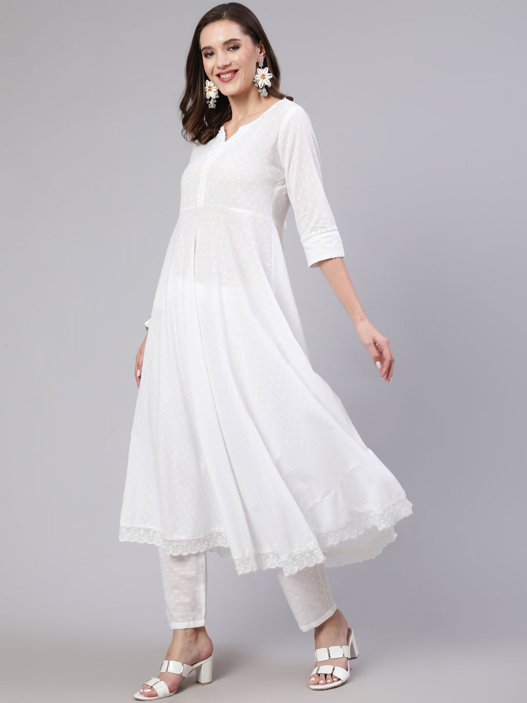 White Lace Details Flared Kurta With Trouser And Dupatta