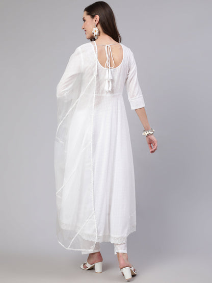 White Lace Details Flared Kurta With Trouser And Dupatta