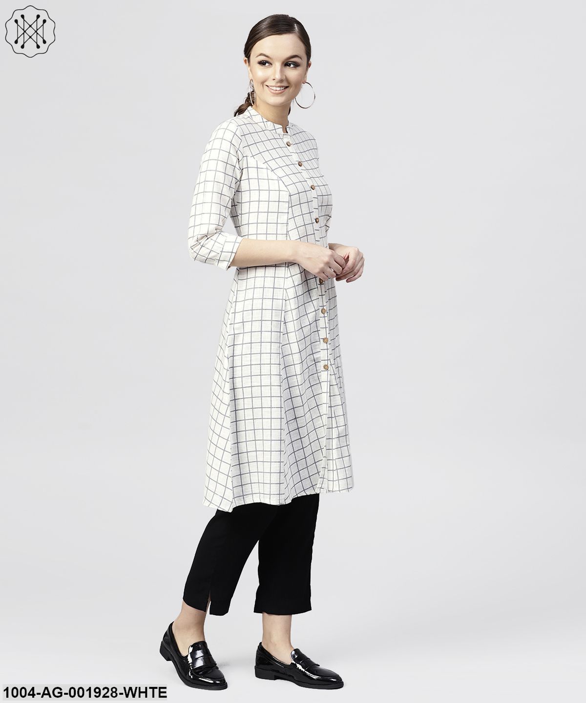 White Checked Printed Panelled Cut A-Line Kurta With Madarin Collar And Front Placket