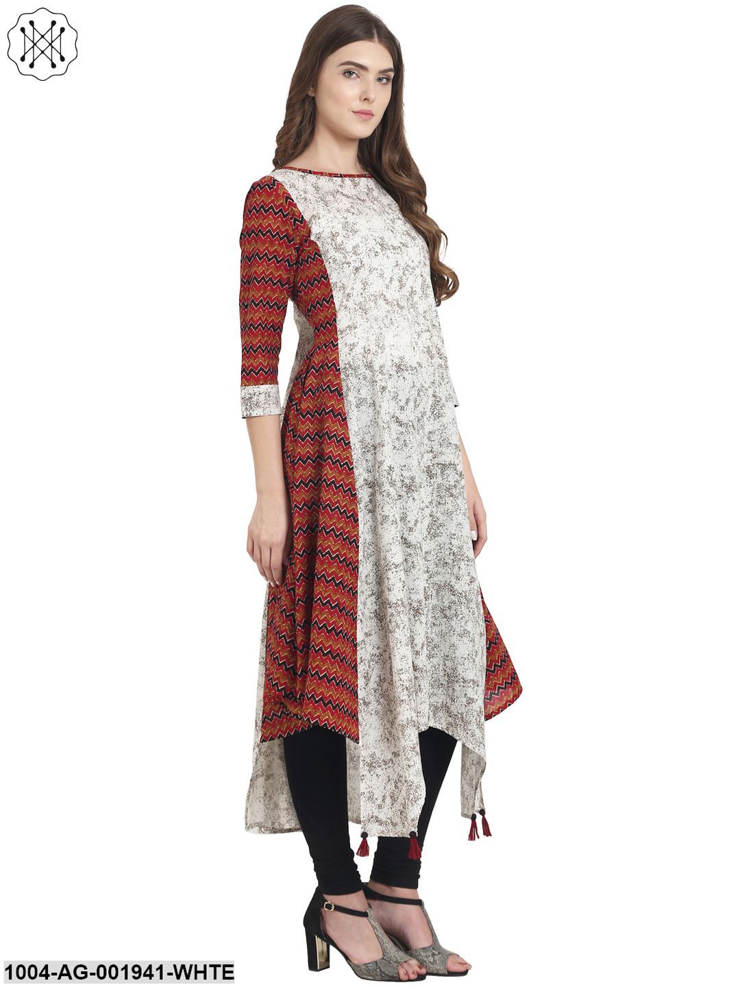 White Printed 3/4Th Sleeve Cotton A-Line Kurta