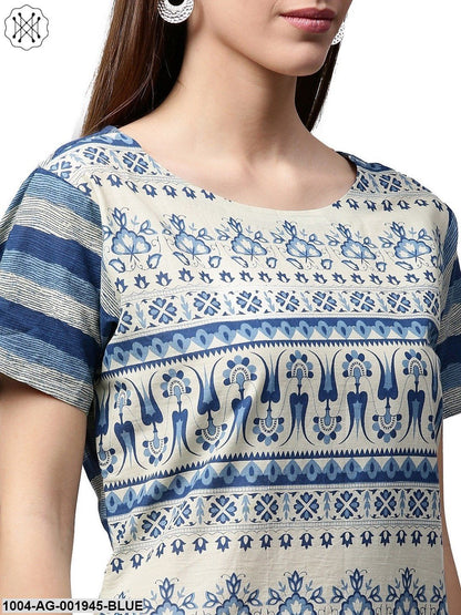 Blue Printed Cap Sleeve Cotton Low-High Kurta