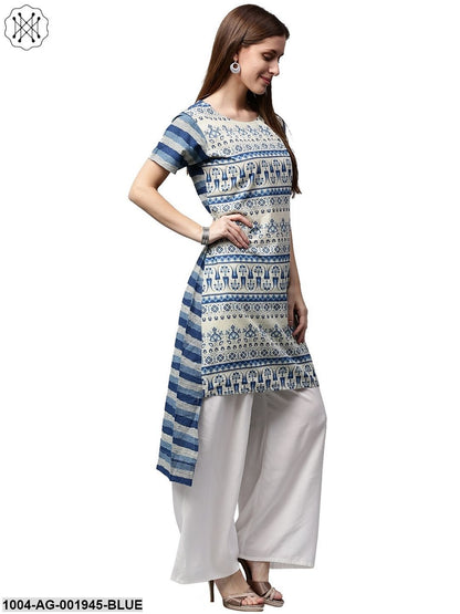 Blue Printed Cap Sleeve Cotton Low-High Kurta