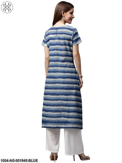 Blue Printed Cap Sleeve Cotton Low-High Kurta