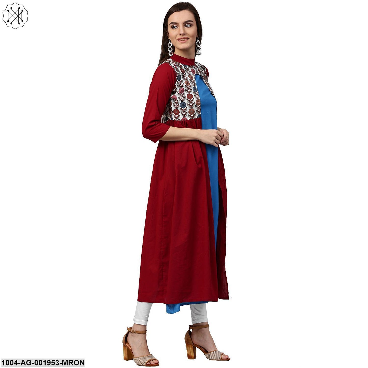 Maroon 3/4Th Sleeve Cotton Anarkali Kurta With Printed Yoke