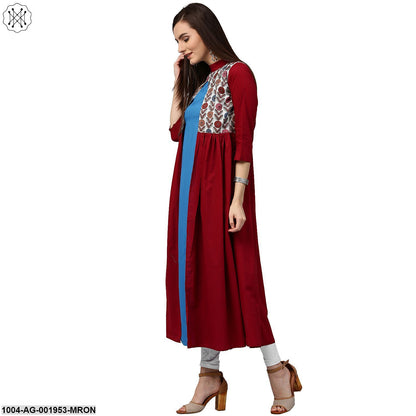 Maroon 3/4Th Sleeve Cotton Anarkali Kurta With Printed Yoke