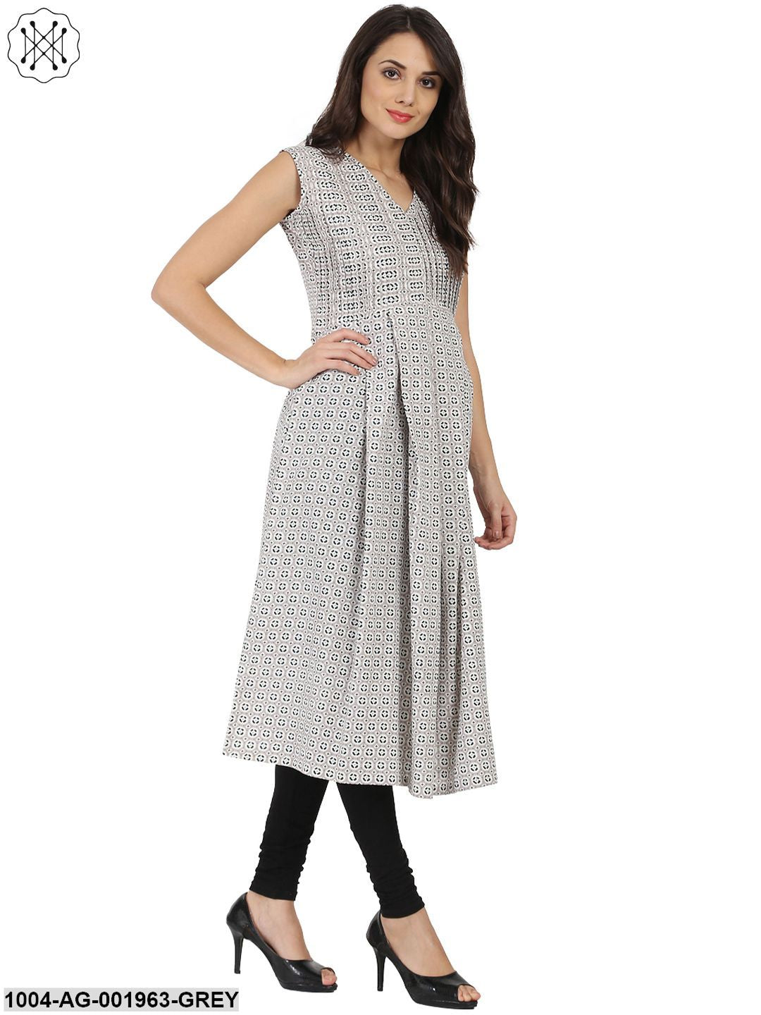 Grey Printed Sleeveless Cotton Anarkali Kurta