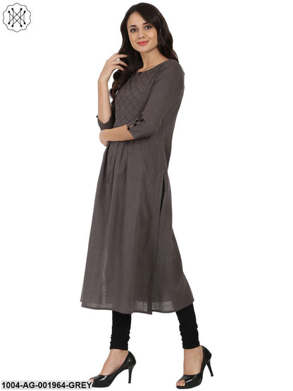 Grey 3/4Th Sleeve Cotton Slub Anarkali Kurta