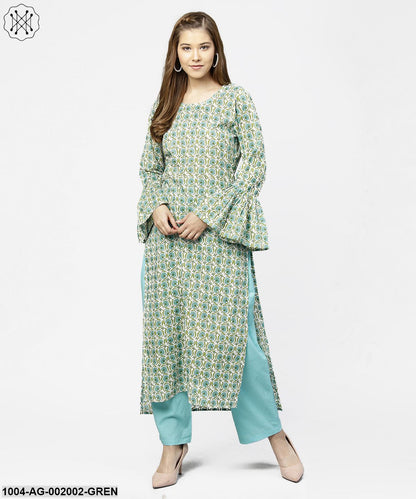 Green Printed Full Sleeve Cotton Long Straight Kurta