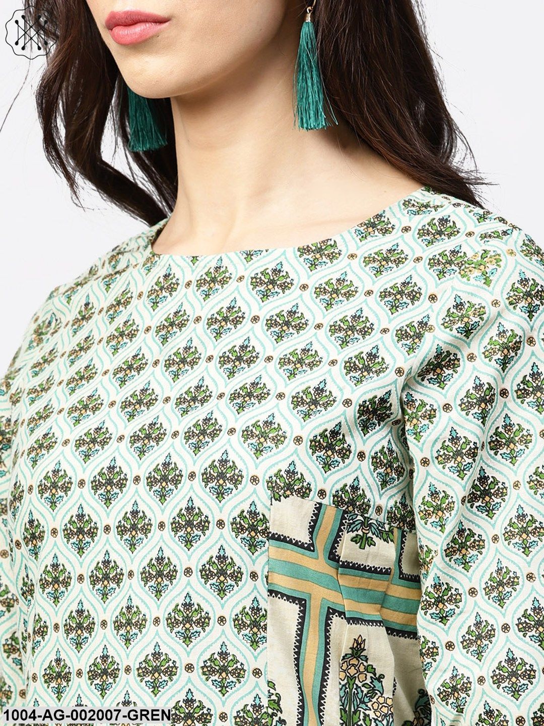 Green Printed Half Flared Sleeve A-Line Kurta