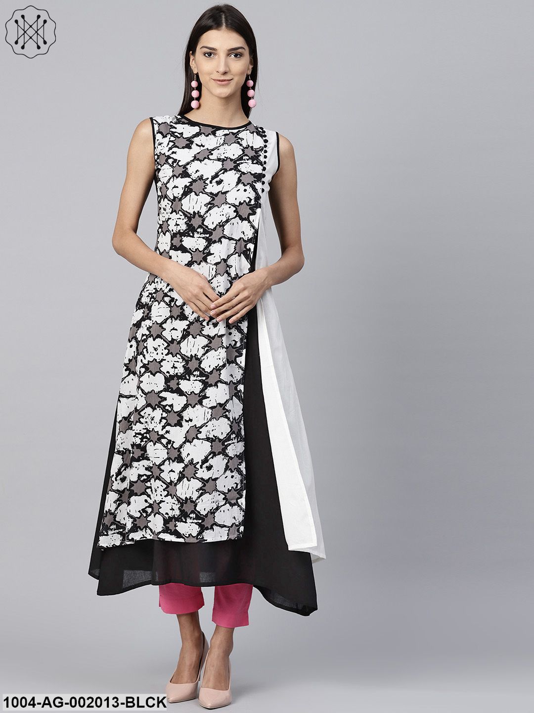 Black Sleeveless Cotton A-Line Kurta With Printed Layer