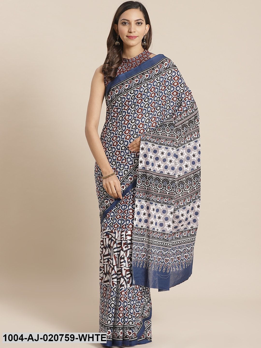 White & Blue Pure Cotton Ethnic Motifs Print Saree