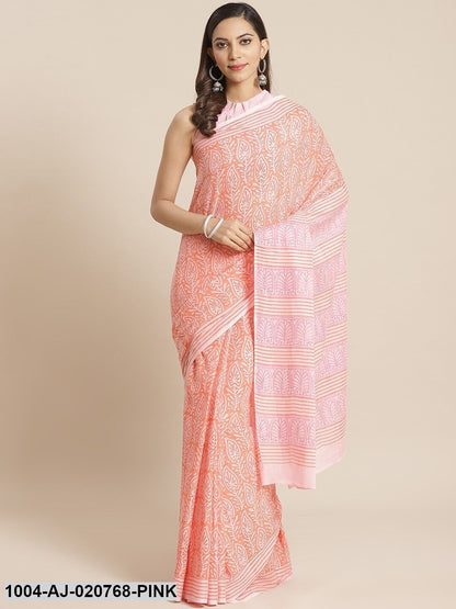 Pink & Orange Pure Cotton Printed Saree