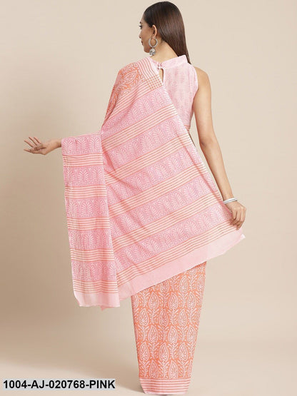 Pink & Orange Pure Cotton Printed Saree