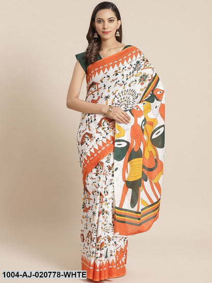 White & Orange Pure Cotton Printed Saree