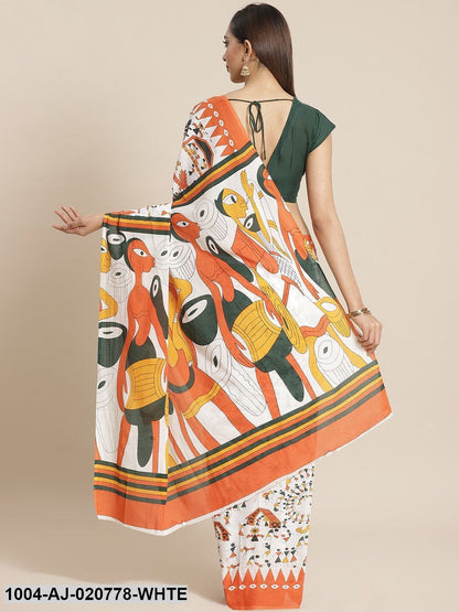 White & Orange Pure Cotton Printed Saree