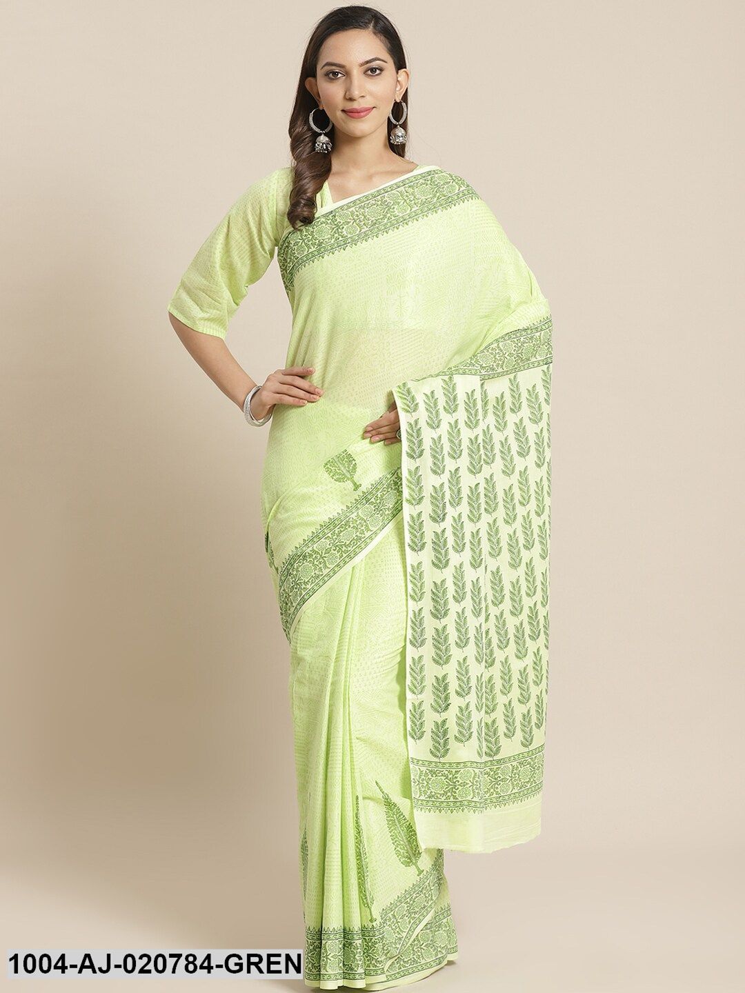 Green Pure Cotton Printed Saree