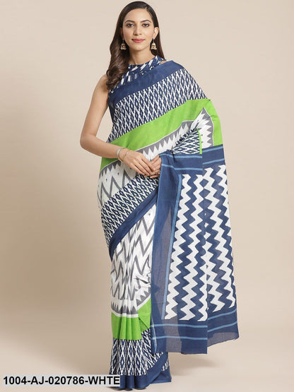 White & Blue Pure Cotton Aztec Print Saree