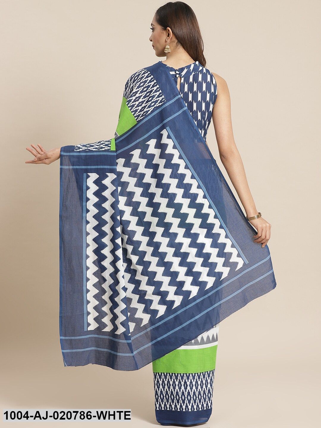 White & Blue Pure Cotton Aztec Print Saree