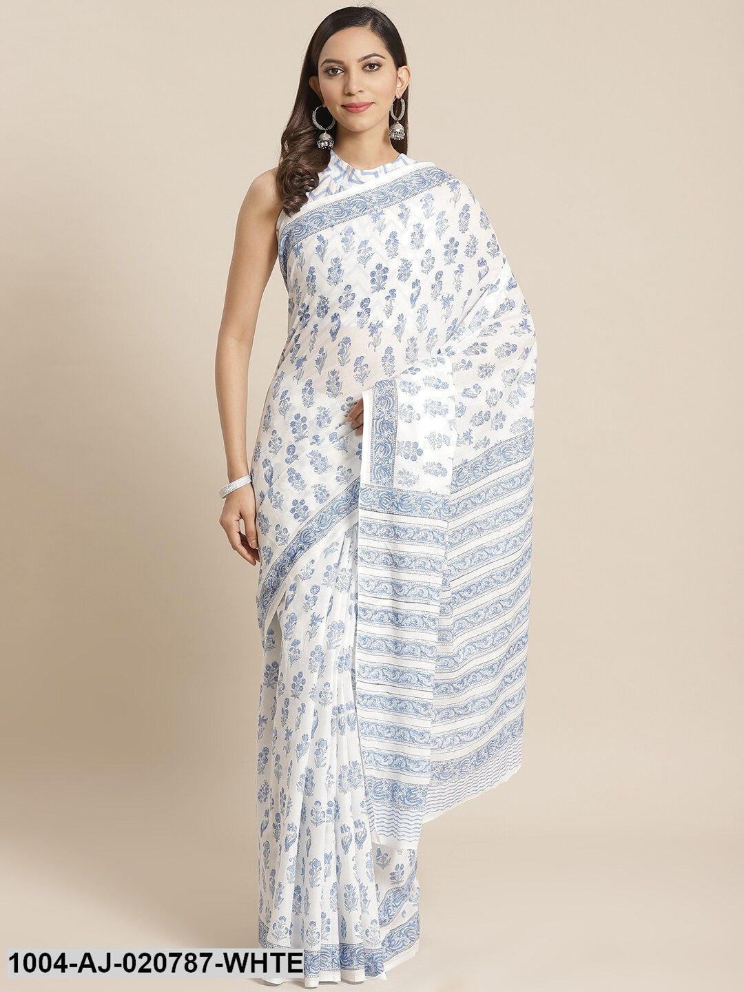 White & Blue Pure Cotton Ethnic Motis Print Saree