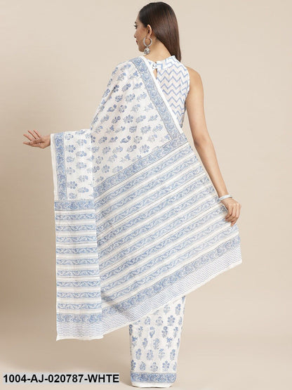 White & Blue Pure Cotton Ethnic Motis Print Saree