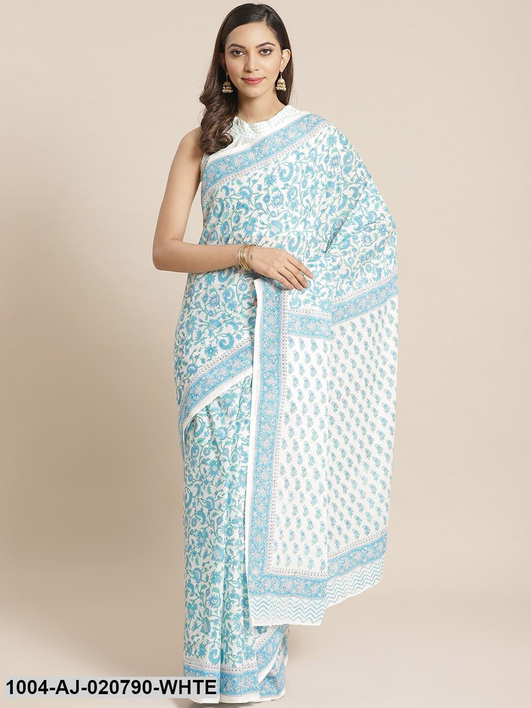 White & Blue Pure Cotton Printed Saree