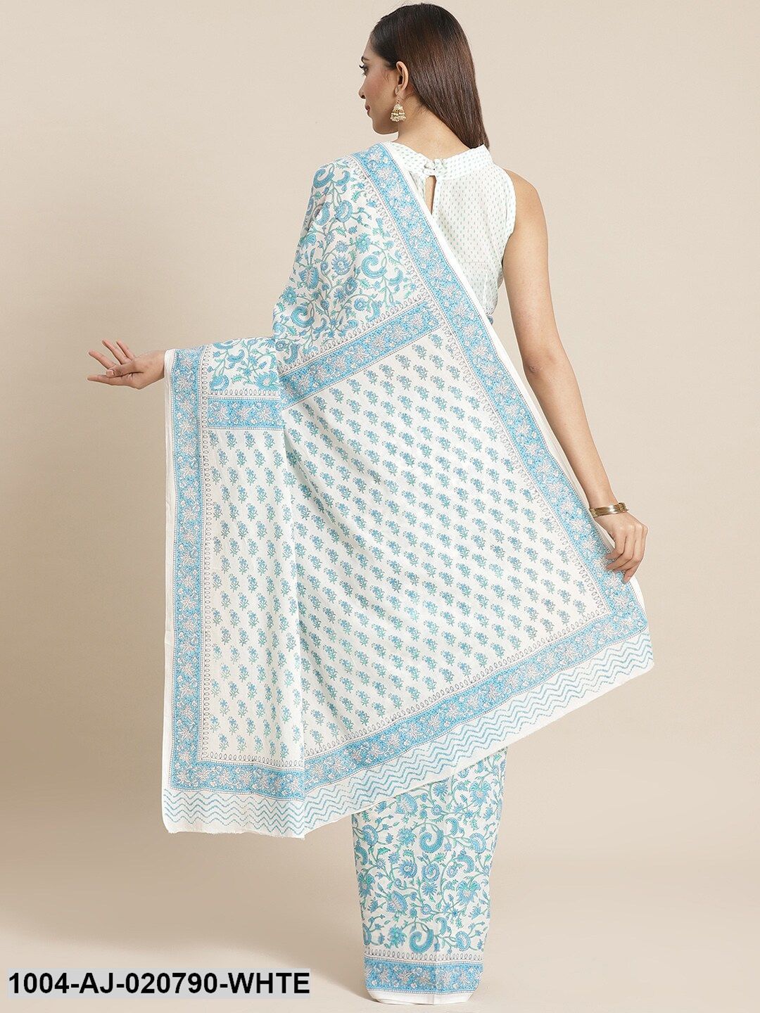 White & Blue Pure Cotton Printed Saree