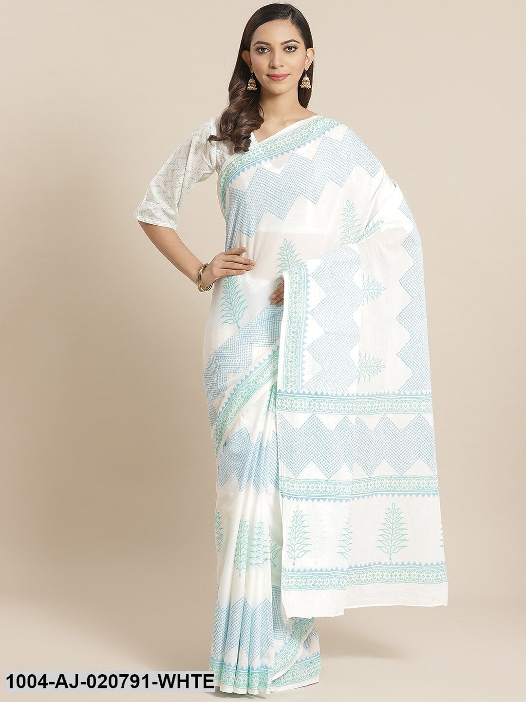 White & Blue Pure Cotton Printed Saree