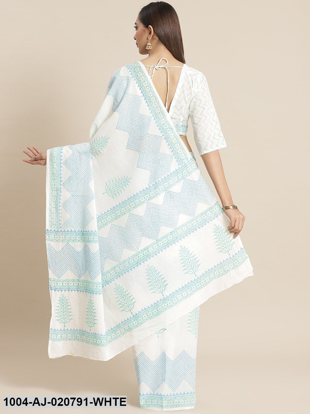 White & Blue Pure Cotton Printed Saree