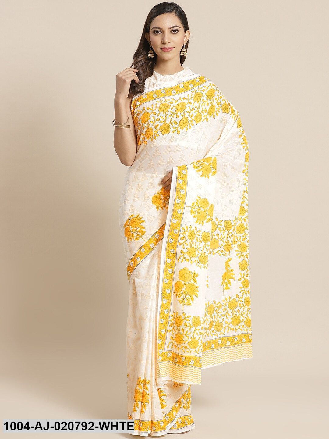 White & Yellow Pure Cotton Printed Saree