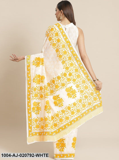 White & Yellow Pure Cotton Printed Saree