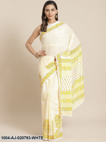 White & Mustard Yellow Pure Cotton Ethnic Motifs Print Saree