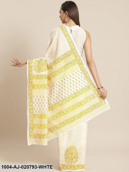 White & Mustard Yellow Pure Cotton Ethnic Motifs Print Saree