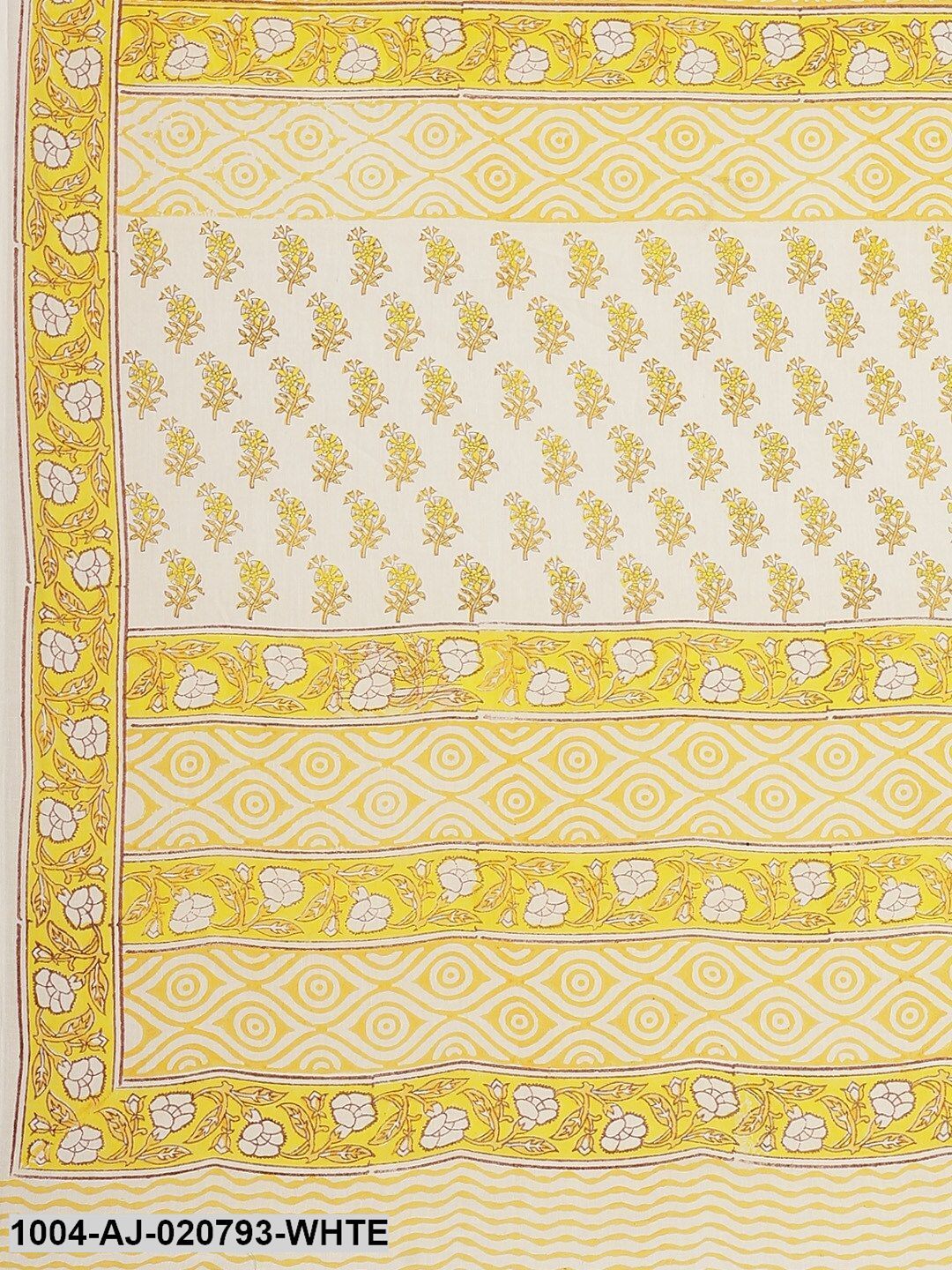 White & Mustard Yellow Pure Cotton Ethnic Motifs Print Saree