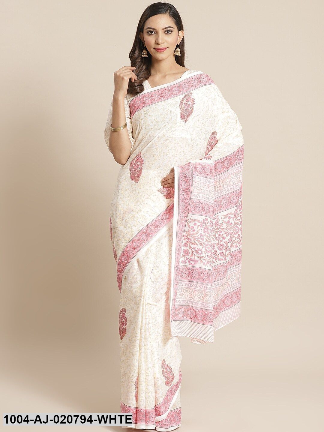 White & Pink Pure Cotton Printed Saree