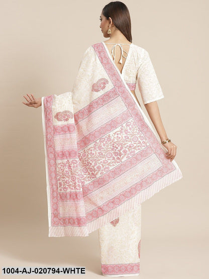 White & Pink Pure Cotton Printed Saree