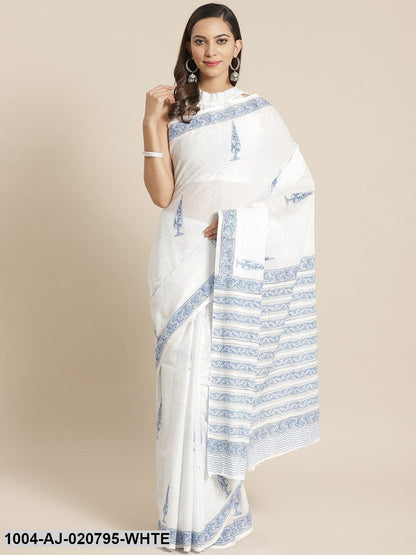 White & Blue Pure Cotton Printed Saree