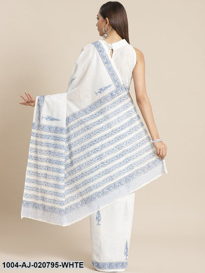 White & Blue Pure Cotton Printed Saree