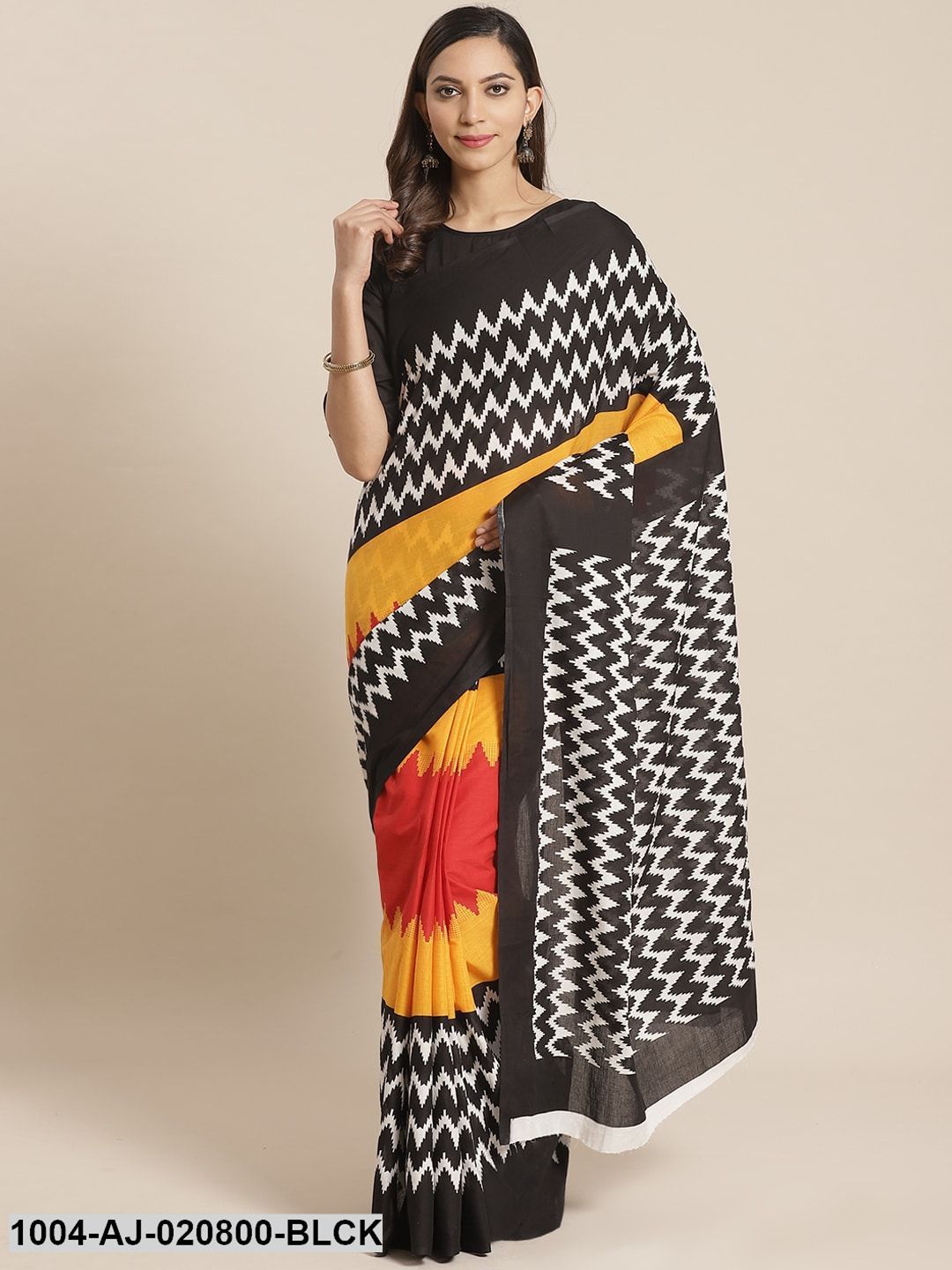 Black & Mustard Pure Cotton Printed Saree