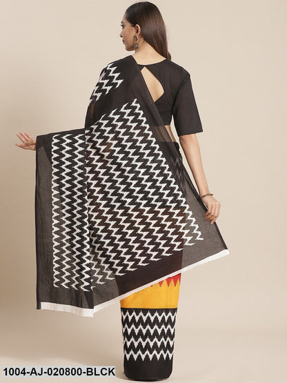 Black & Mustard Pure Cotton Printed Saree