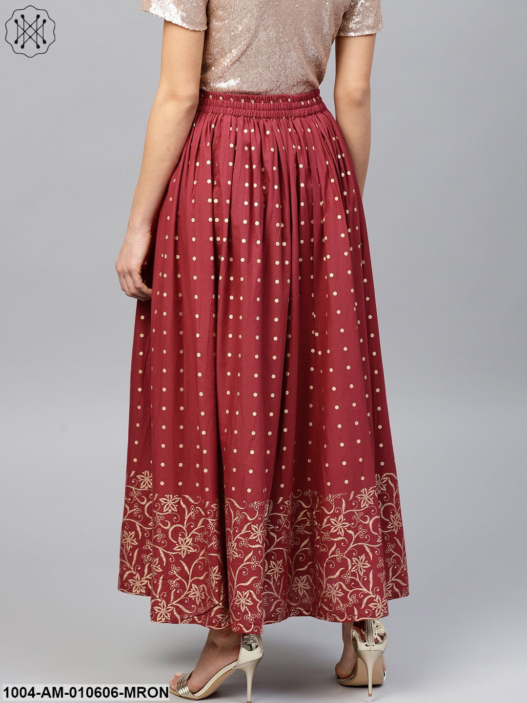 Maroon Printed Flared Ankle Length Skirt