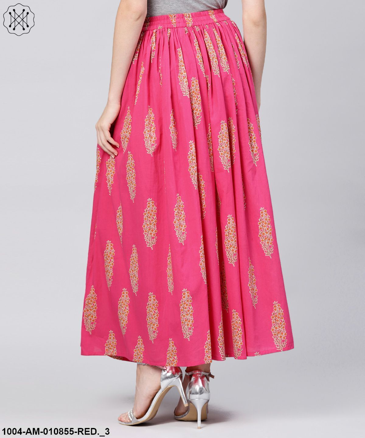 Red Printed Cotton Ankle Length Flared Skirt