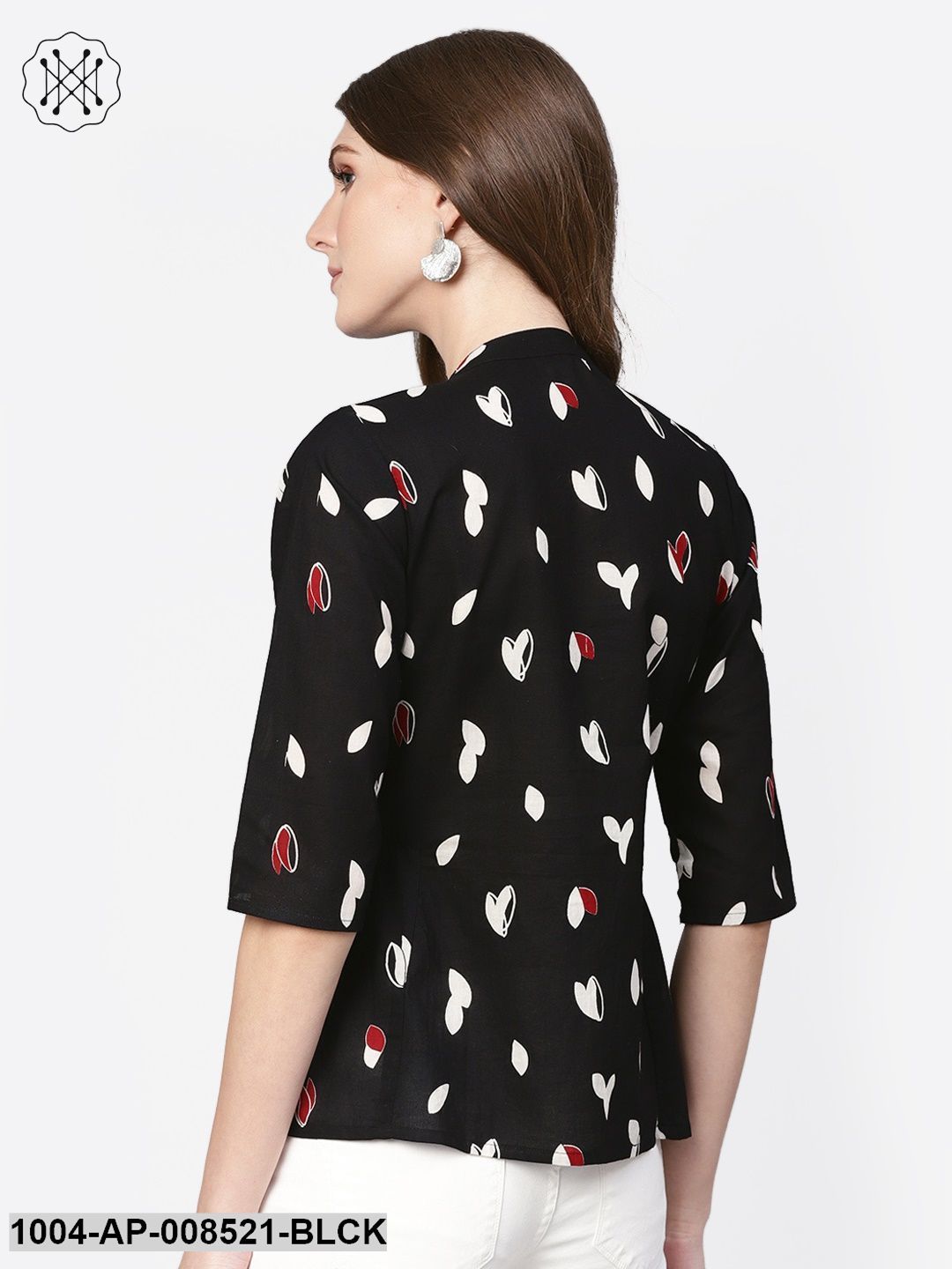 Black Quirky Printed 3/4Th Sleeves A-Line Top